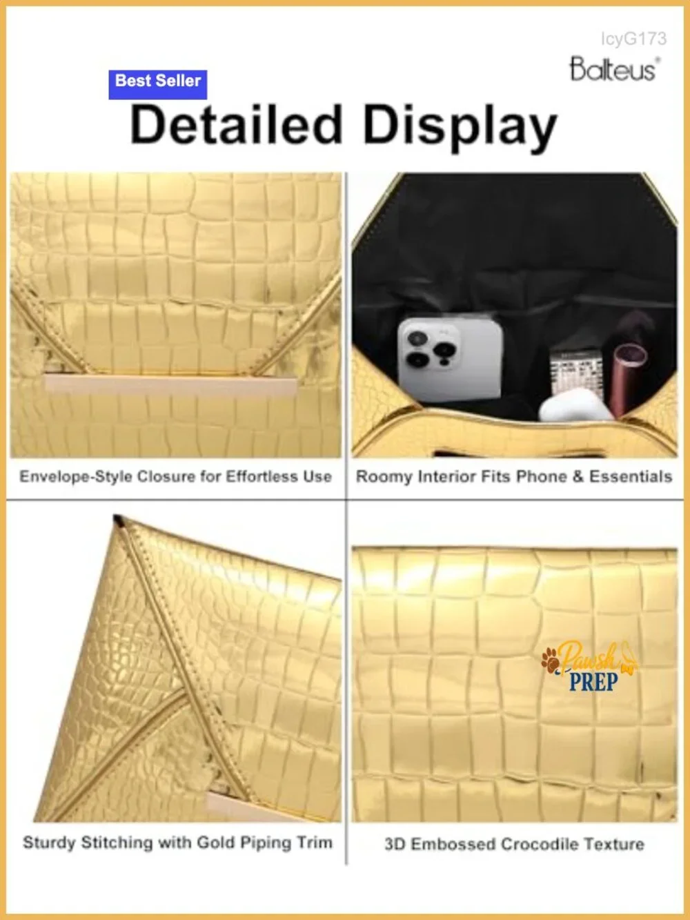 Croc-Embossed Faux Leather Evening Clutch, Envelope Purse for Prom & Formal